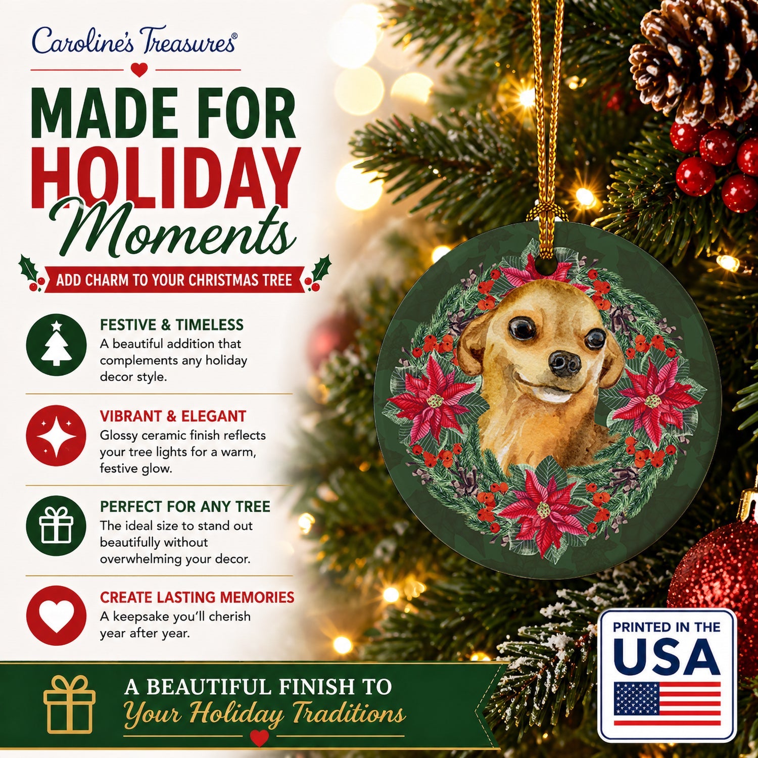 Chihuahua Poinsetta Wreath Ceramic Ornament Christmas Tree Hanging Decorations for Home Christmas Holiday, Party, Gift, 3 in, Multicolor