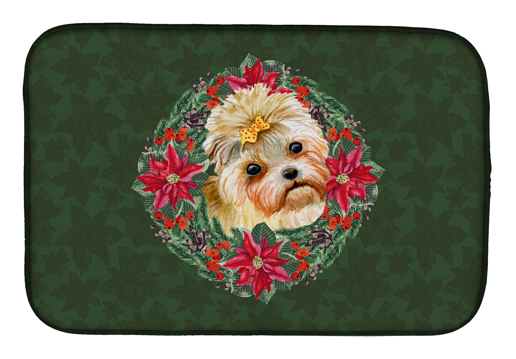 Morkie Poinsetta Wreath Dish Drying Mat Absorbent Dish Drying Mat Pad for Kitchen Counter Dish Drainer Mat for Countertop, 14 x 21", Multicolor