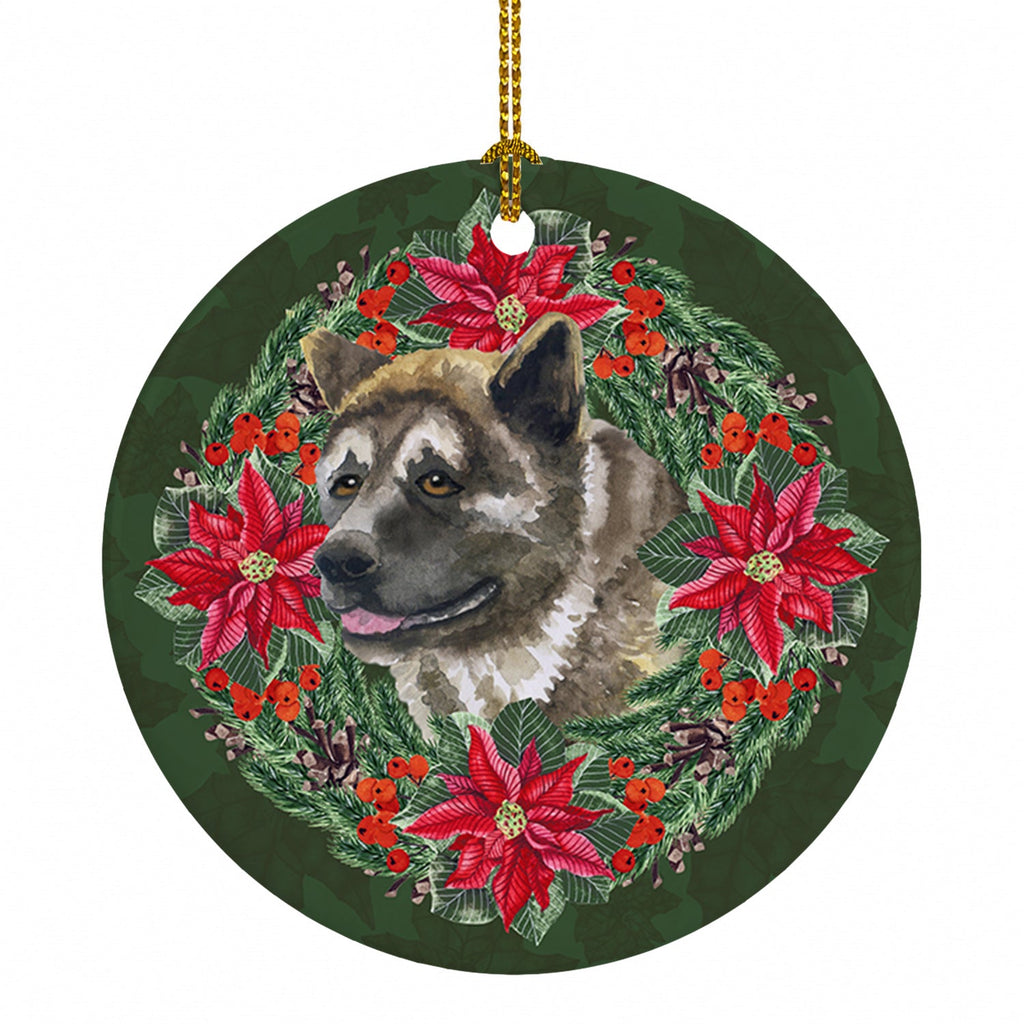 American Akita Poinsetta Wreath Ceramic Ornament Christmas Tree Hanging Decorations for Home Christmas Holiday, Party, Gift, 3 in, Multicolor