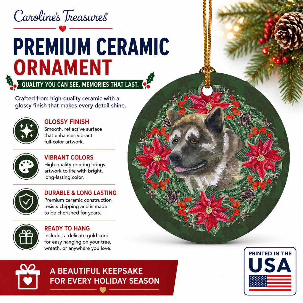 American Akita Poinsetta Wreath Ceramic Ornament Christmas Tree Hanging Decorations for Home Christmas Holiday, Party, Gift, 3 in, Multicolor