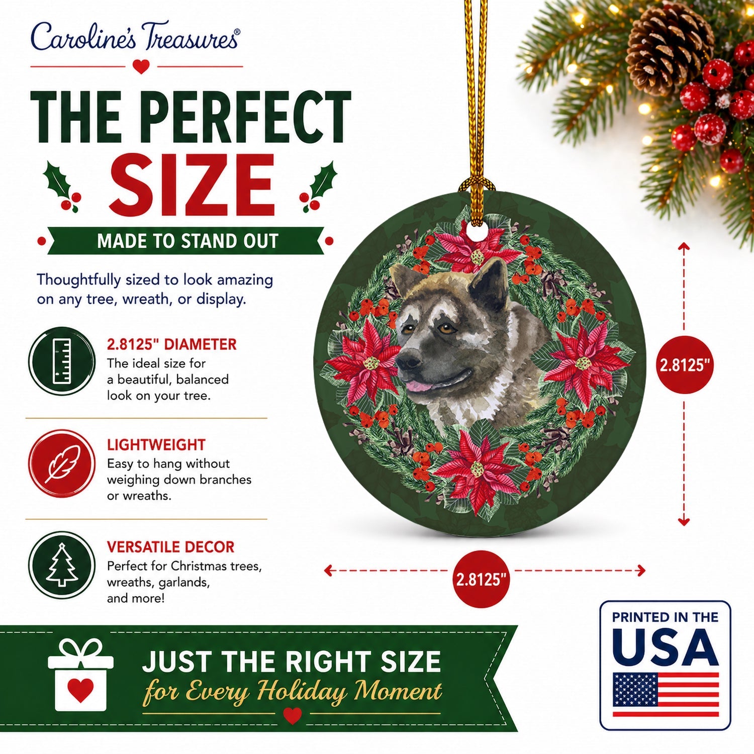 American Akita Poinsetta Wreath Ceramic Ornament Christmas Tree Hanging Decorations for Home Christmas Holiday, Party, Gift, 3 in, Multicolor