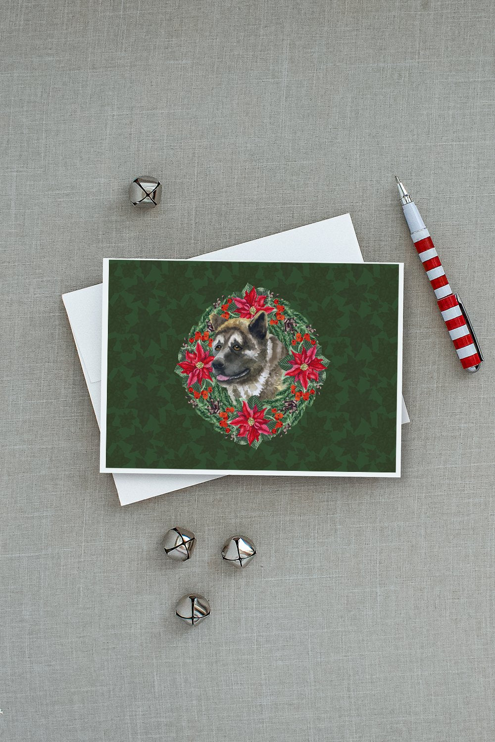 American Akita Poinsetta Wreath Greeting Cards Pack of 8 Blank Cards with Envelopes Whimsical A7 Size 5x7