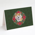 Shiba Inu Poinsetta Wreath Greeting Cards Pack of 8 Blank Cards with Envelopes Whimsical A7 Size 5x7
