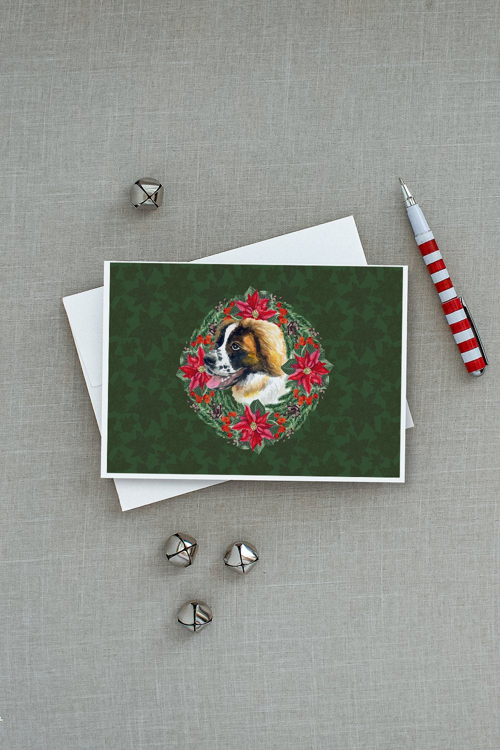 Saint Bernard Poinsetta Wreath Greeting Cards Pack of 8 Blank Cards with Envelopes Whimsical A7 Size 5x7