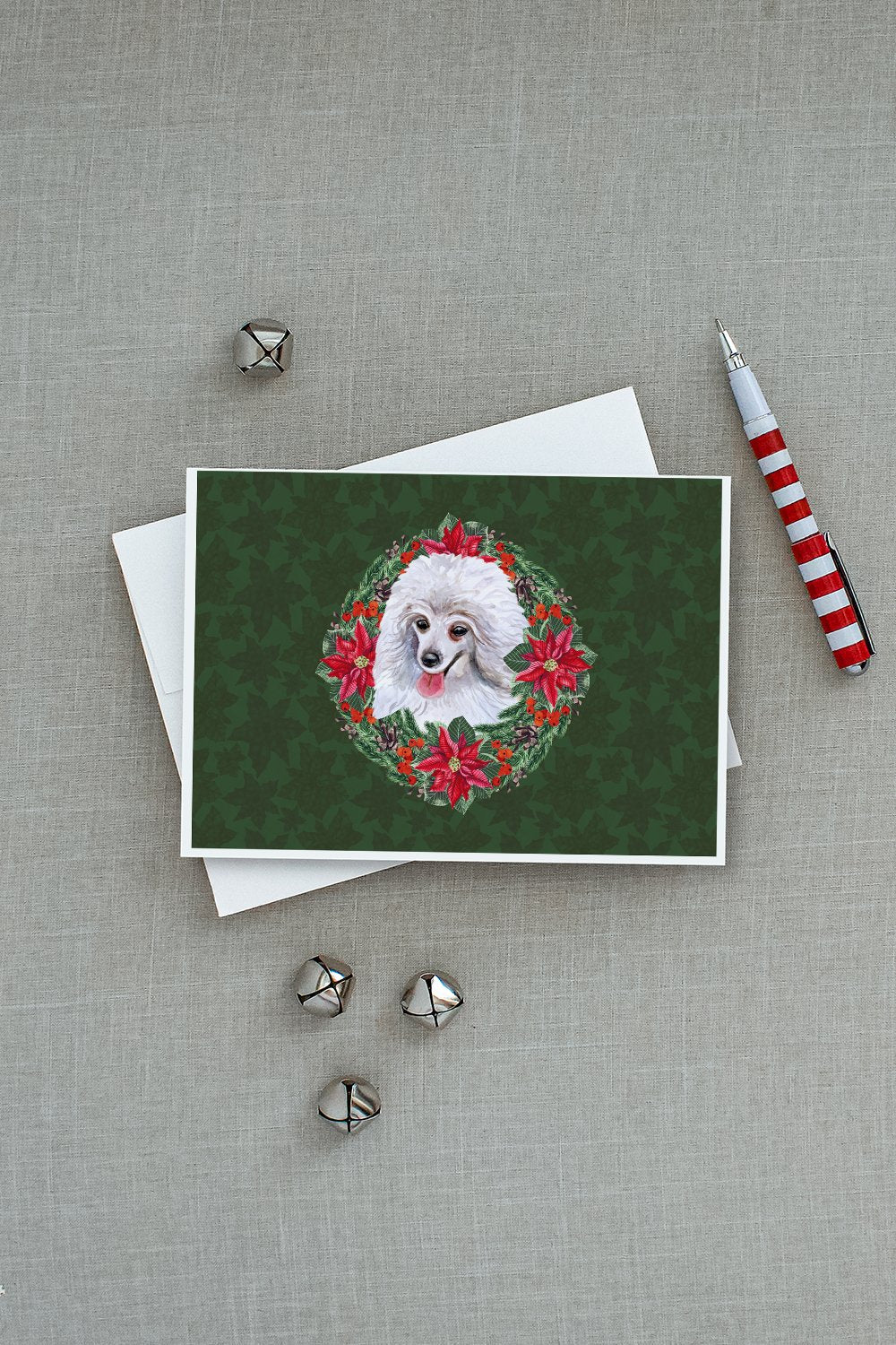 Medium White Poodle Poinsetta Wreath Greeting Cards Pack of 8 Blank Cards with Envelopes Whimsical A7 Size 5x7