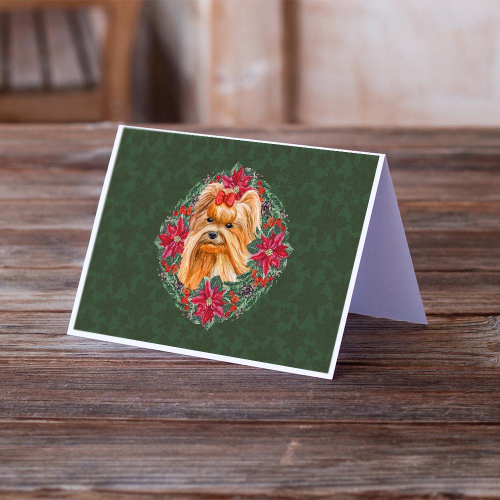 Yorkshire Terrier Poinsetta Wreath Greeting Cards Pack of 8 Blank Cards with Envelopes Whimsical A7 Size 5x7