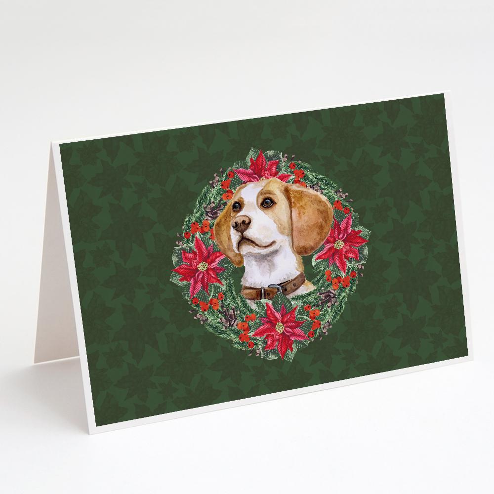 Beagle Poinsetta Wreath Greeting Cards Pack of 8 Blank Cards with Envelopes Whimsical A7 Size 5x7