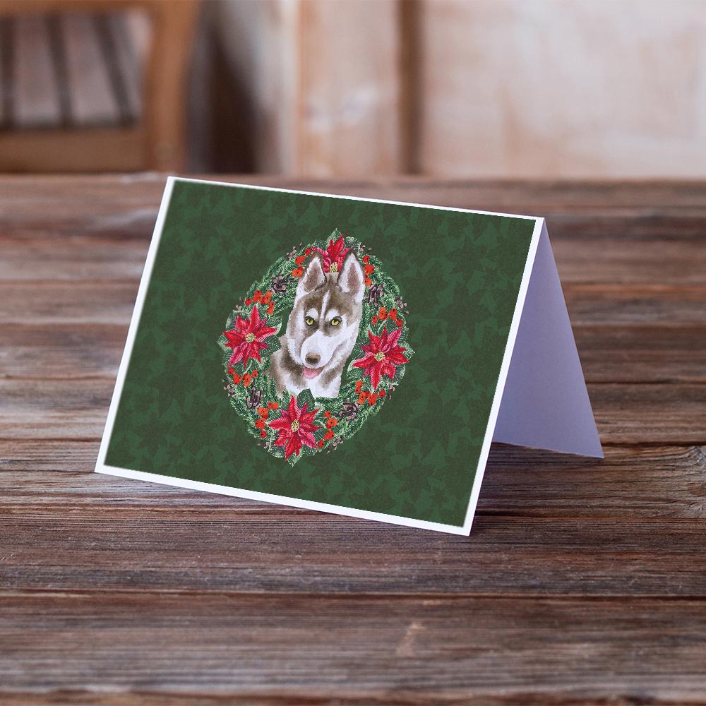 Siberian Husky Grey Poinsetta Wreath Greeting Cards Pack of 8 Blank Cards with Envelopes Whimsical A7 Size 5x7