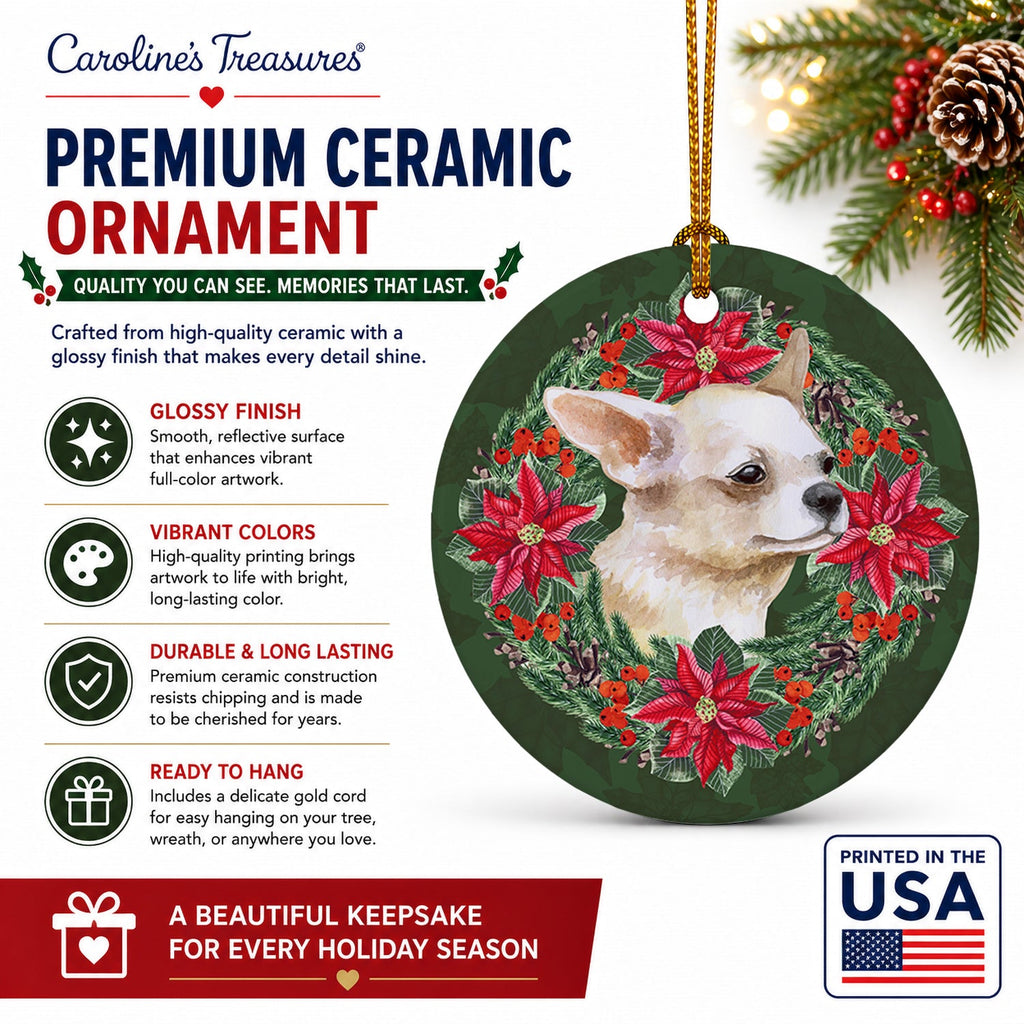 Chihuahua Leg up Poinsetta Wreath Ceramic Ornament Christmas Tree Hanging Decorations for Home Christmas Holiday, Party, Gift, 3 in, Multicolor
