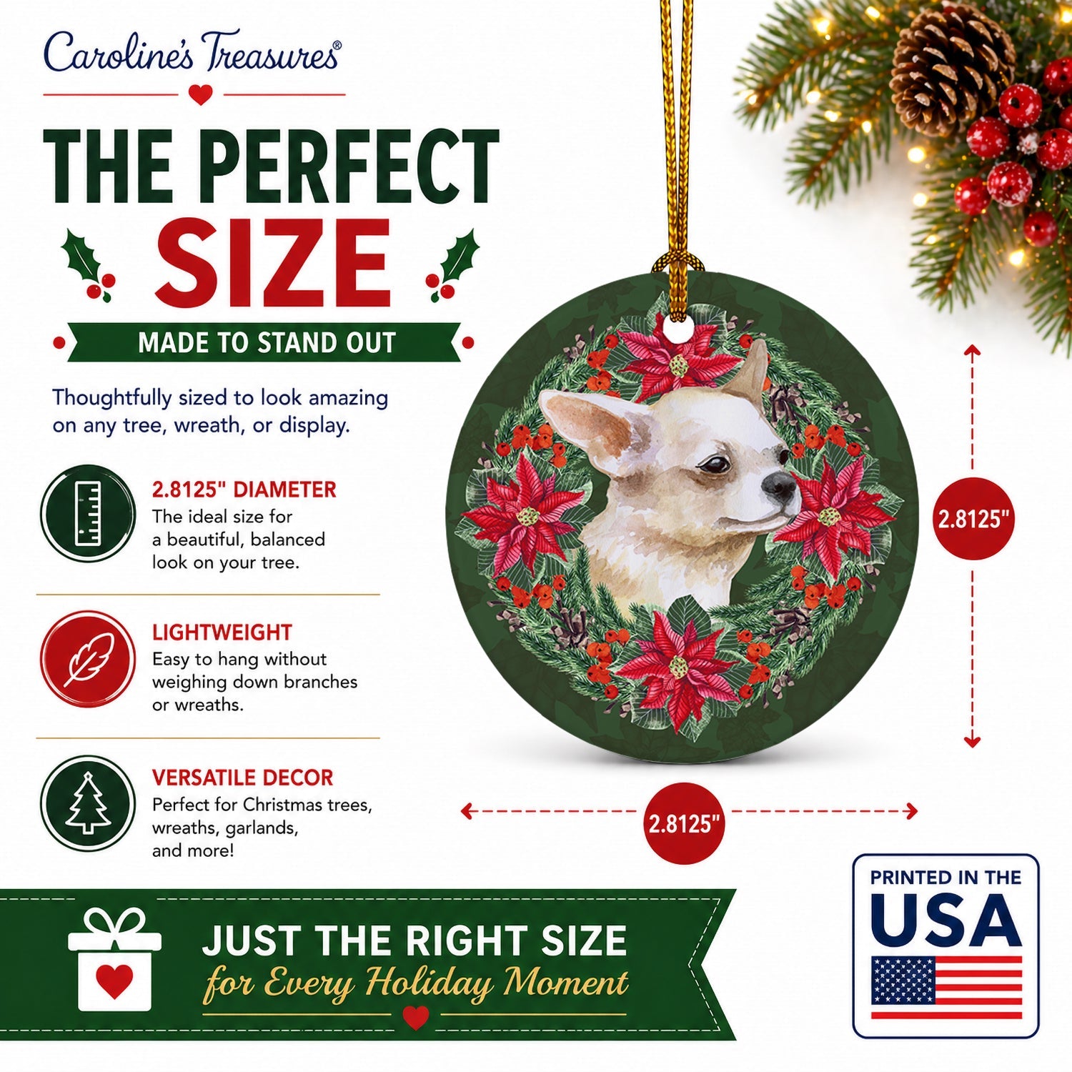 Chihuahua Leg up Poinsetta Wreath Ceramic Ornament Christmas Tree Hanging Decorations for Home Christmas Holiday, Party, Gift, 3 in, Multicolor