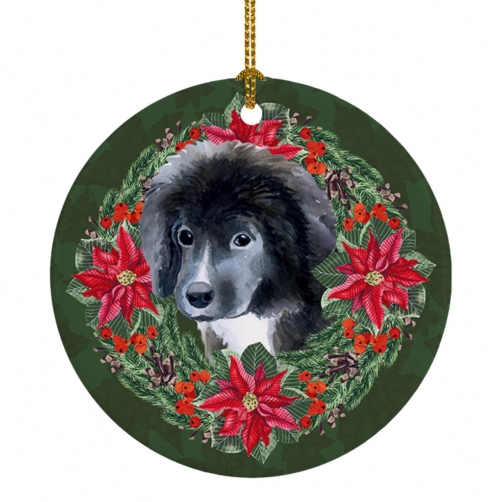 Newfoundland Puppy Poinsetta Wreath Ceramic Ornament Christmas Tree Hanging Decorations for Home Christmas Holiday, Party, Gift, 3 in, Multicolor