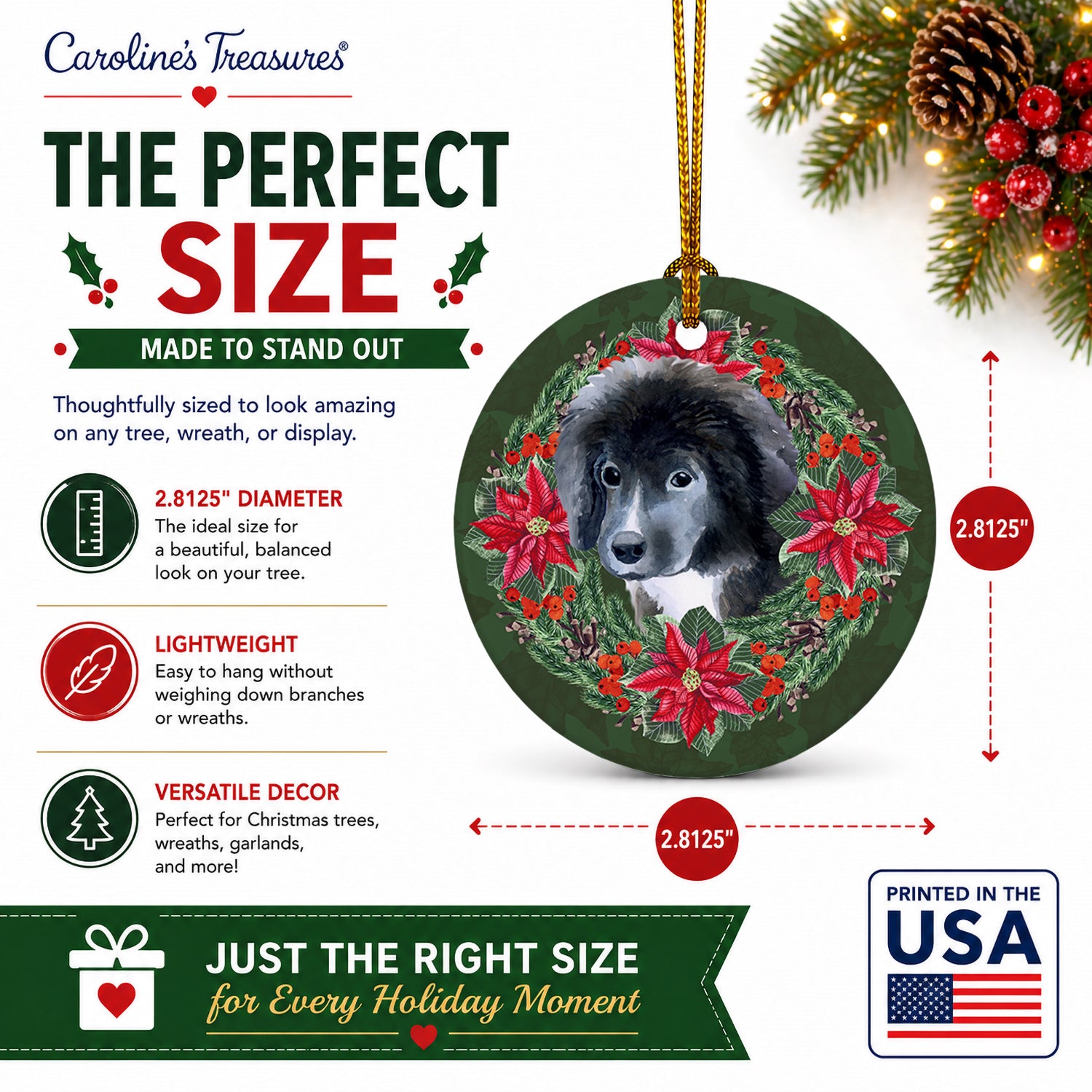 Newfoundland Puppy Poinsetta Wreath Ceramic Ornament Christmas Tree Hanging Decorations for Home Christmas Holiday, Party, Gift, 3 in, Multicolor