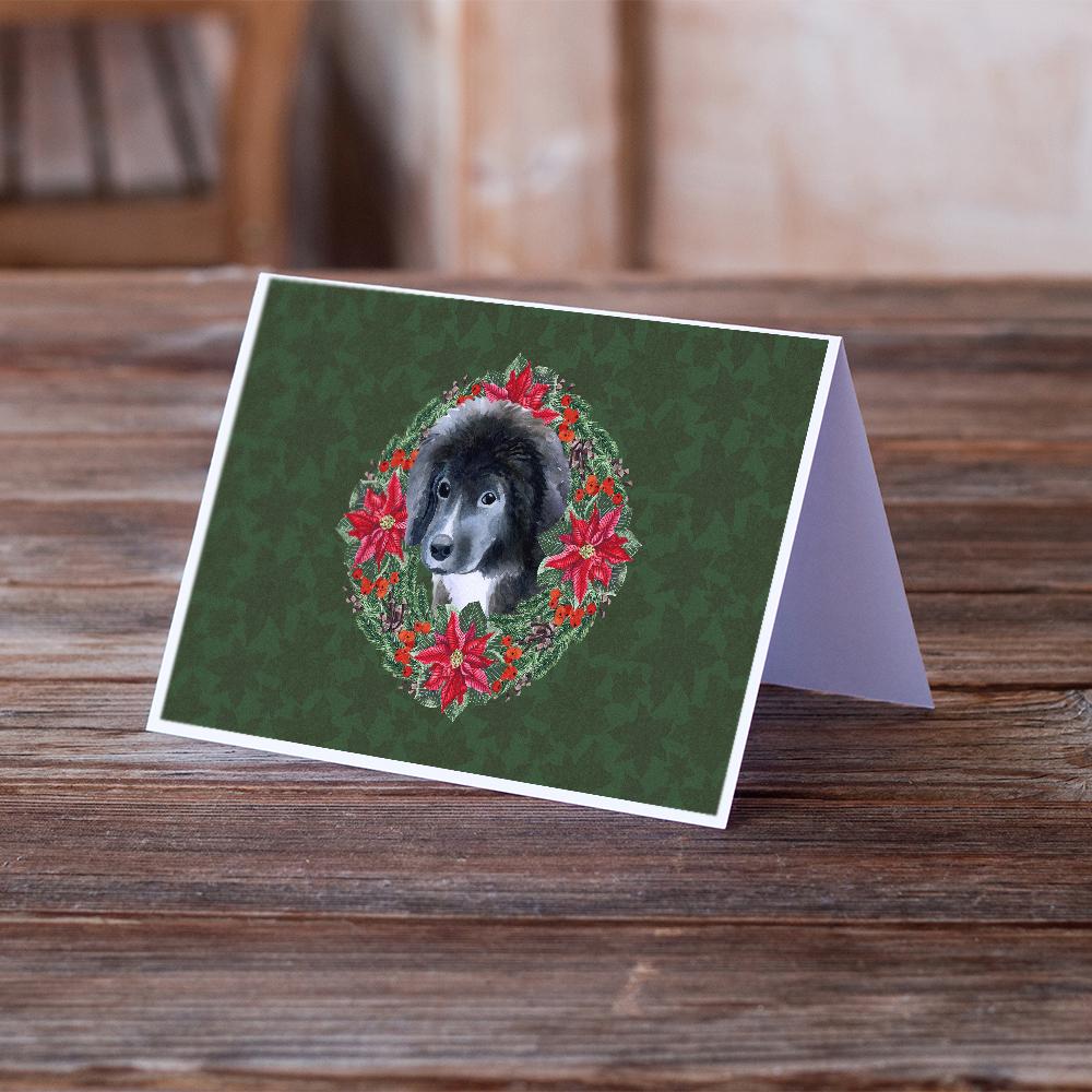 Newfoundland Puppy Poinsetta Wreath Greeting Cards Pack of 8 Blank Cards with Envelopes Whimsical A7 Size 5x7