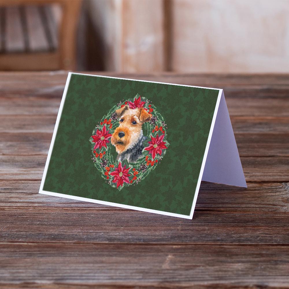 Welsh Terrier Poinsetta Wreath Greeting Cards Pack of 8 Blank Cards with Envelopes Whimsical A7 Size 5x7