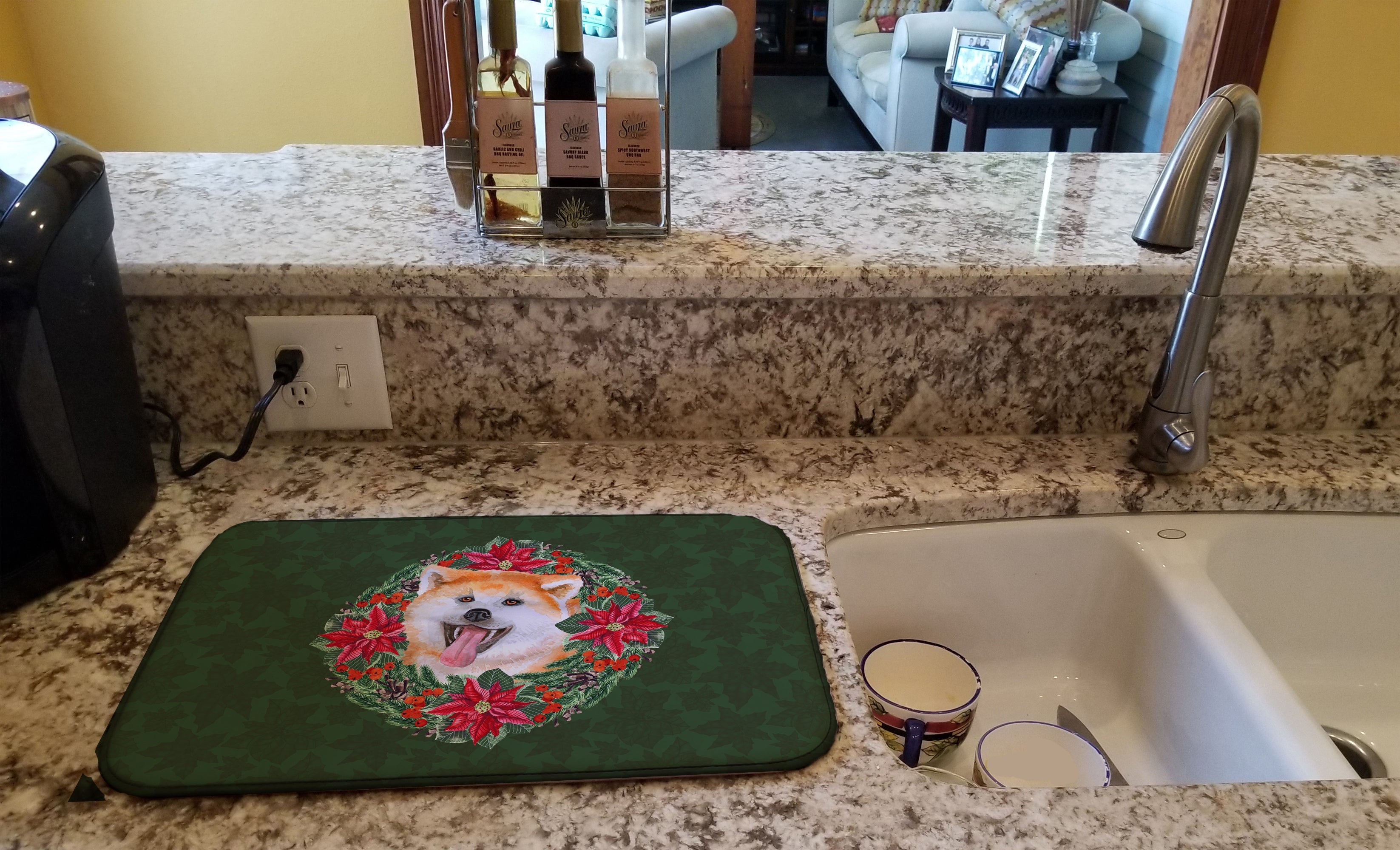 Akita Poinsetta Wreath Dish Drying Mat Absorbent Dish Drying Mat Pad for Kitchen Counter Dish Drainer Mat for Countertop, 14 x 21", Multicolor