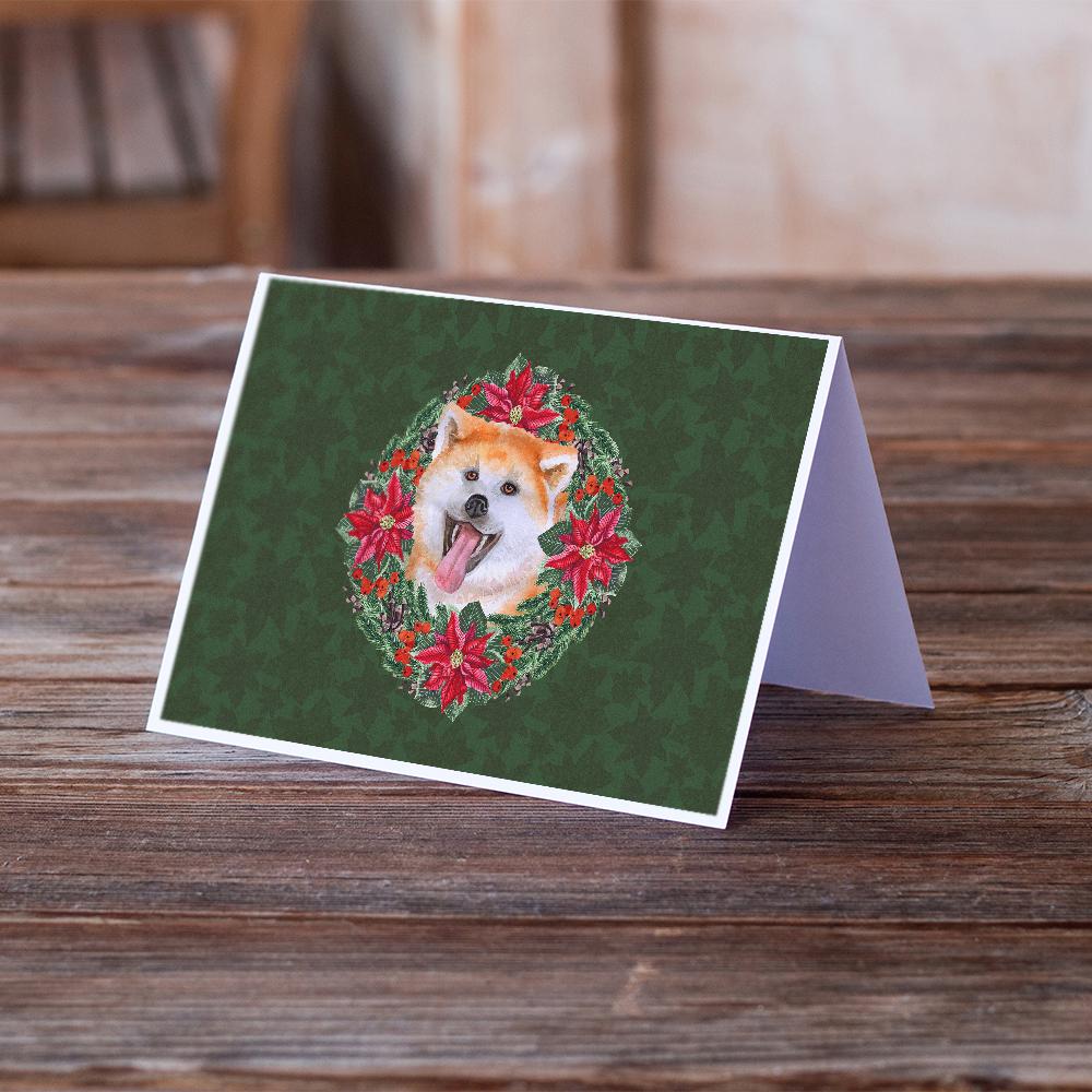 Akita Poinsetta Wreath Greeting Cards Pack of 8 Blank Cards with Envelopes Whimsical A7 Size 5x7