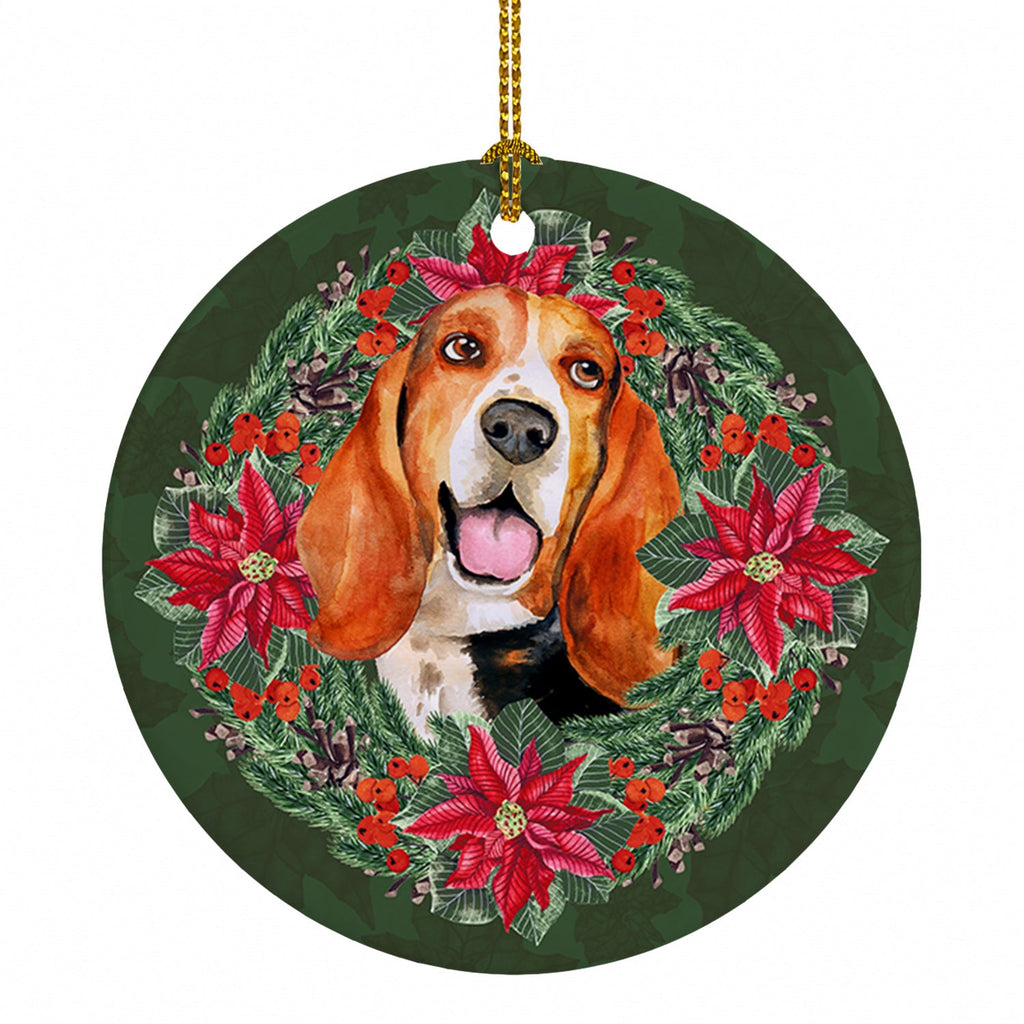 Basset Hound Poinsetta Wreath Ceramic Ornament Christmas Tree Hanging Decorations for Home Christmas Holiday, Party, Gift, 3 in, Multicolor