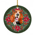 Basset Hound Poinsetta Wreath Ceramic Ornament Christmas Tree Hanging Decorations for Home Christmas Holiday, Party, Gift, 3 in, Multicolor
