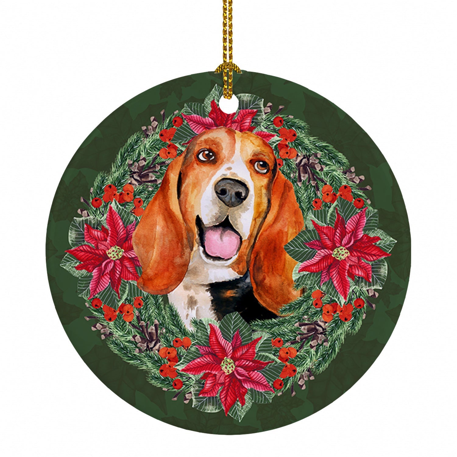 Basset Hound Poinsetta Wreath Ceramic Ornament Christmas Tree Hanging Decorations for Home Christmas Holiday, Party, Gift, 3 in, Multicolor