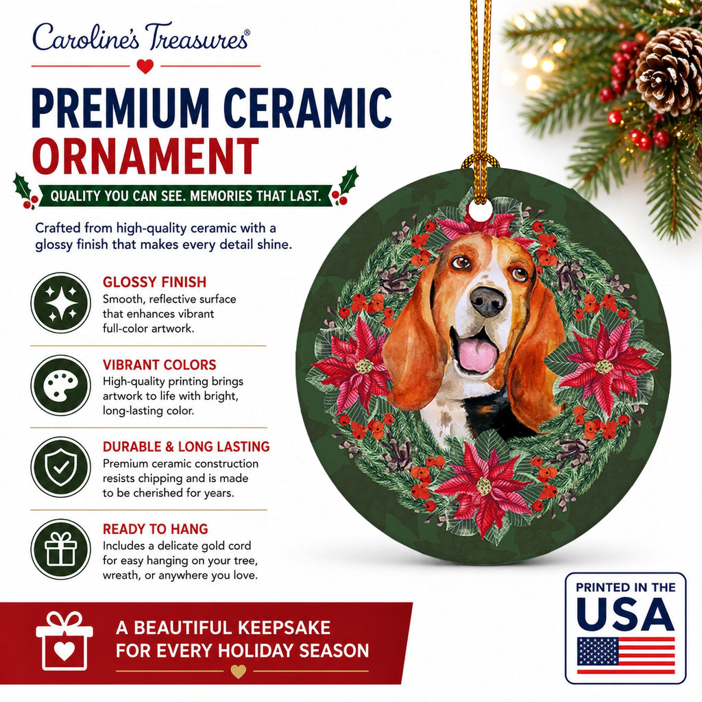 Basset Hound Poinsetta Wreath Ceramic Ornament Christmas Tree Hanging Decorations for Home Christmas Holiday, Party, Gift, 3 in, Multicolor