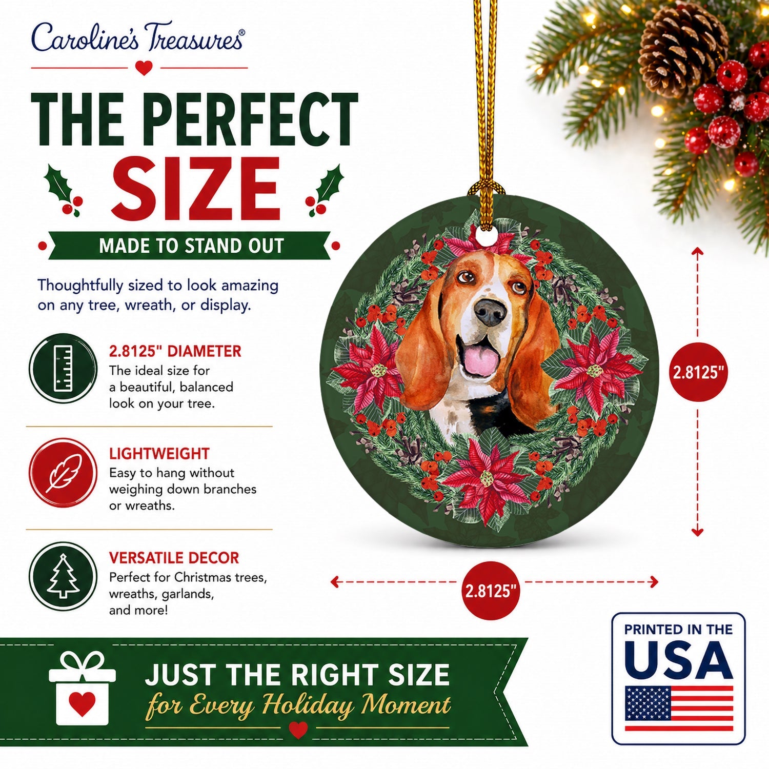 Basset Hound Poinsetta Wreath Ceramic Ornament Christmas Tree Hanging Decorations for Home Christmas Holiday, Party, Gift, 3 in, Multicolor