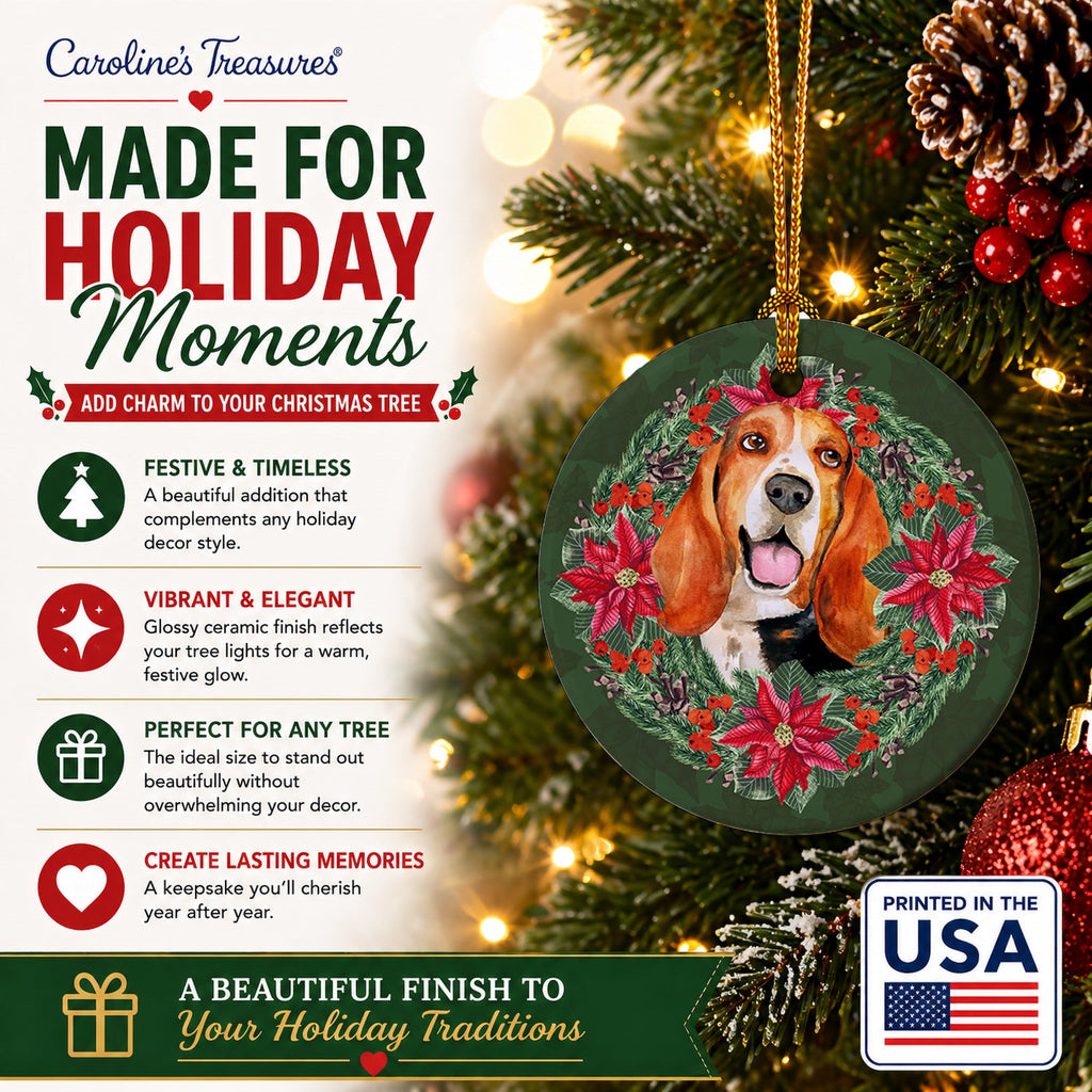 Basset Hound Poinsetta Wreath Ceramic Ornament Christmas Tree Hanging Decorations for Home Christmas Holiday, Party, Gift, 3 in, Multicolor