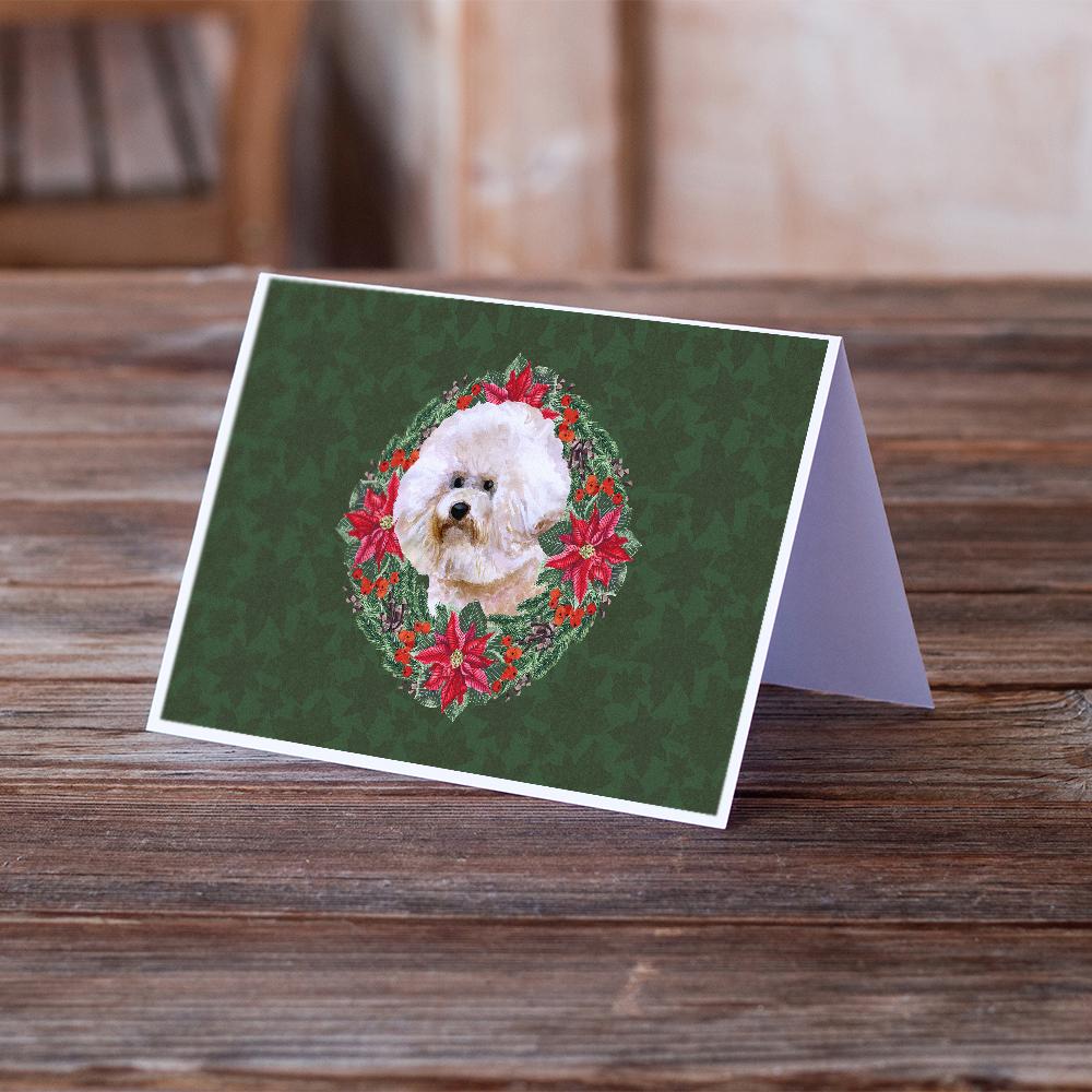 Bichon Frise #2 Poinsetta Wreath Greeting Cards Pack of 8 Blank Cards with Envelopes Whimsical A7 Size 5x7