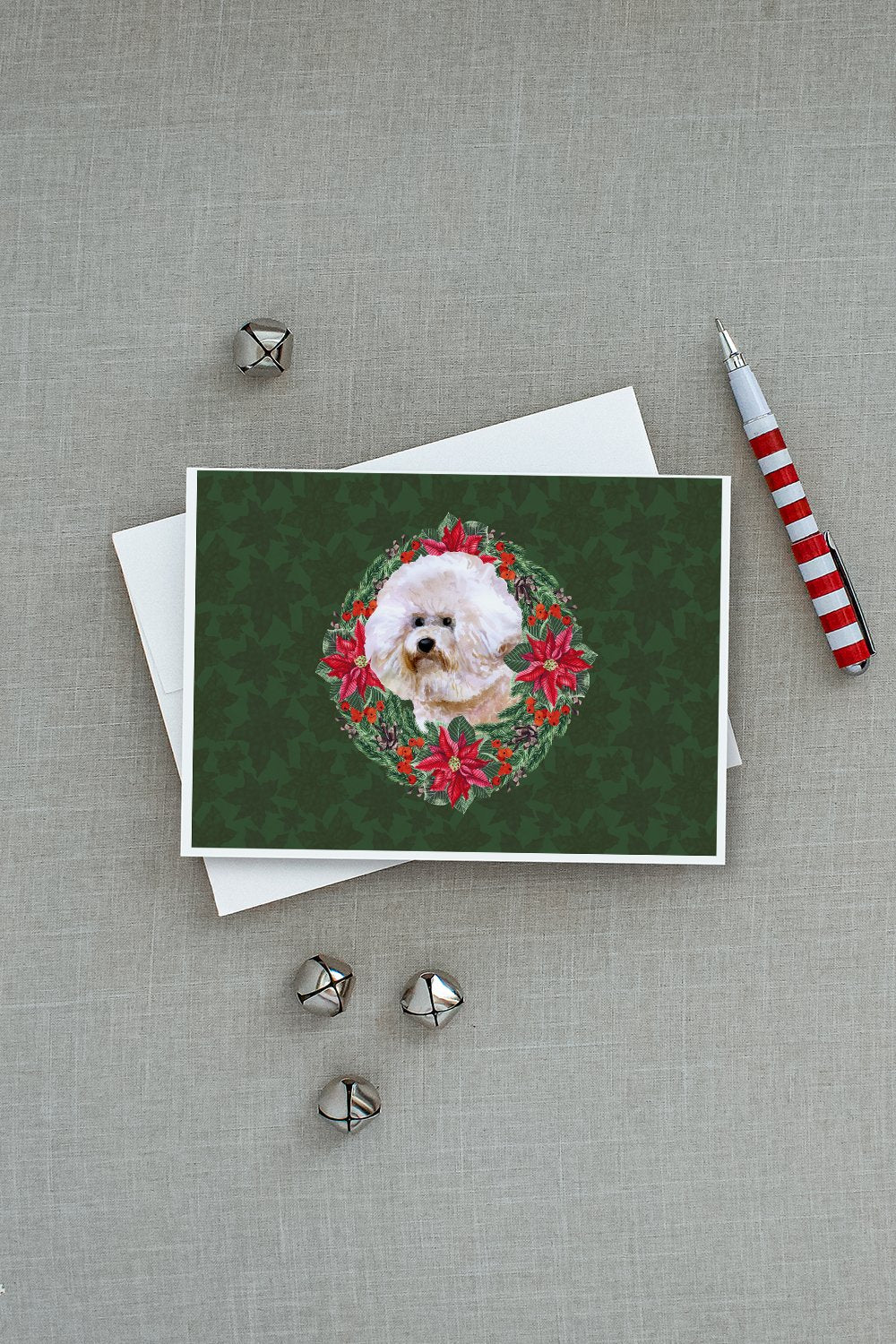 Bichon Frise #2 Poinsetta Wreath Greeting Cards Pack of 8 Blank Cards with Envelopes Whimsical A7 Size 5x7
