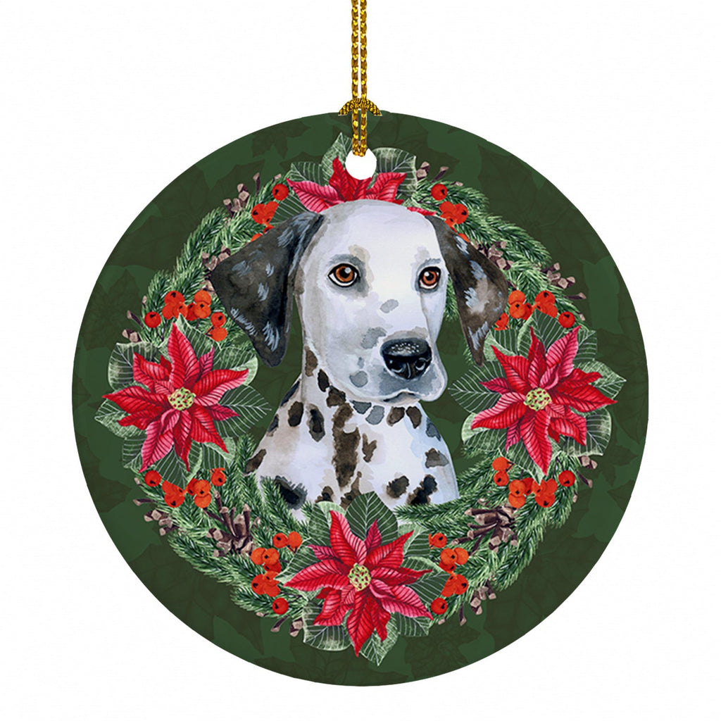 Dalmatian Puppy Poinsetta Wreath Ceramic Ornament Christmas Tree Hanging Decorations for Home Christmas Holiday, Party, Gift, 3 in, Multicolor