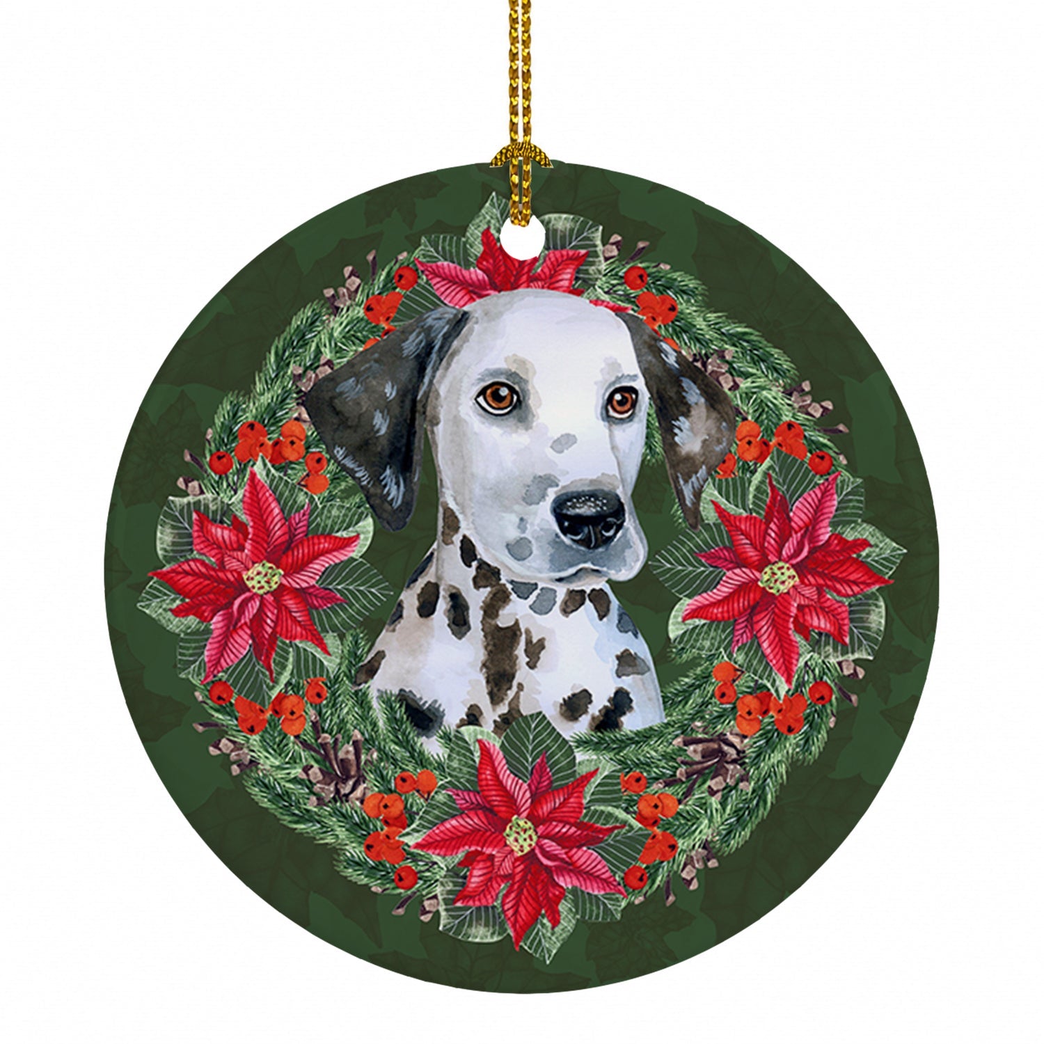 Dalmatian Puppy Poinsetta Wreath Ceramic Ornament Christmas Tree Hanging Decorations for Home Christmas Holiday, Party, Gift, 3 in, Multicolor