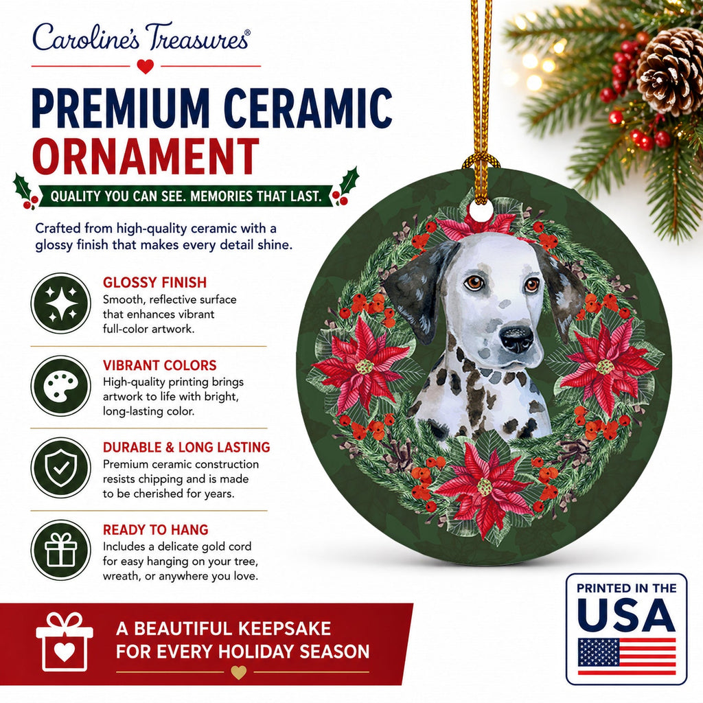 Dalmatian Puppy Poinsetta Wreath Ceramic Ornament Christmas Tree Hanging Decorations for Home Christmas Holiday, Party, Gift, 3 in, Multicolor