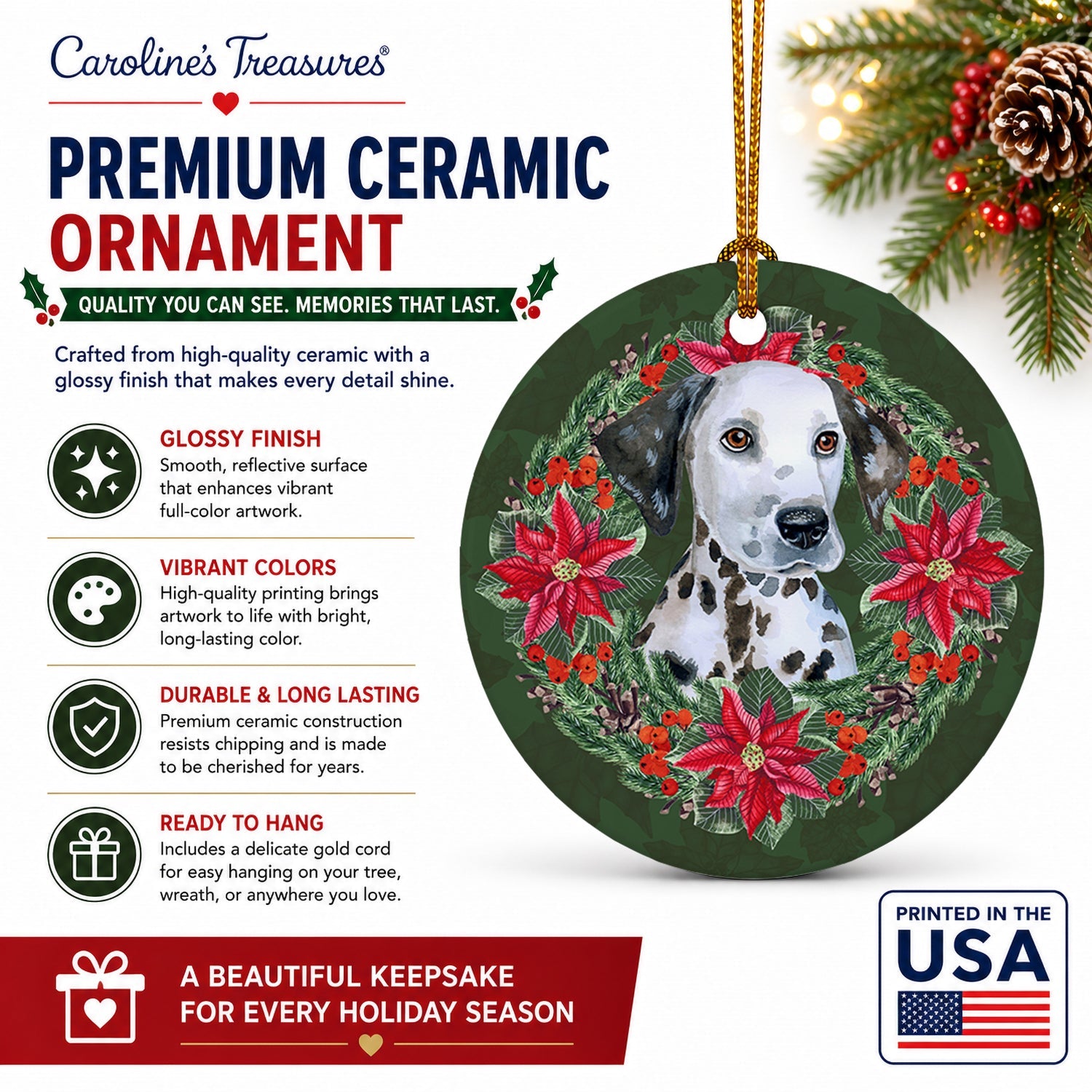 Dalmatian Puppy Poinsetta Wreath Ceramic Ornament Christmas Tree Hanging Decorations for Home Christmas Holiday, Party, Gift, 3 in, Multicolor