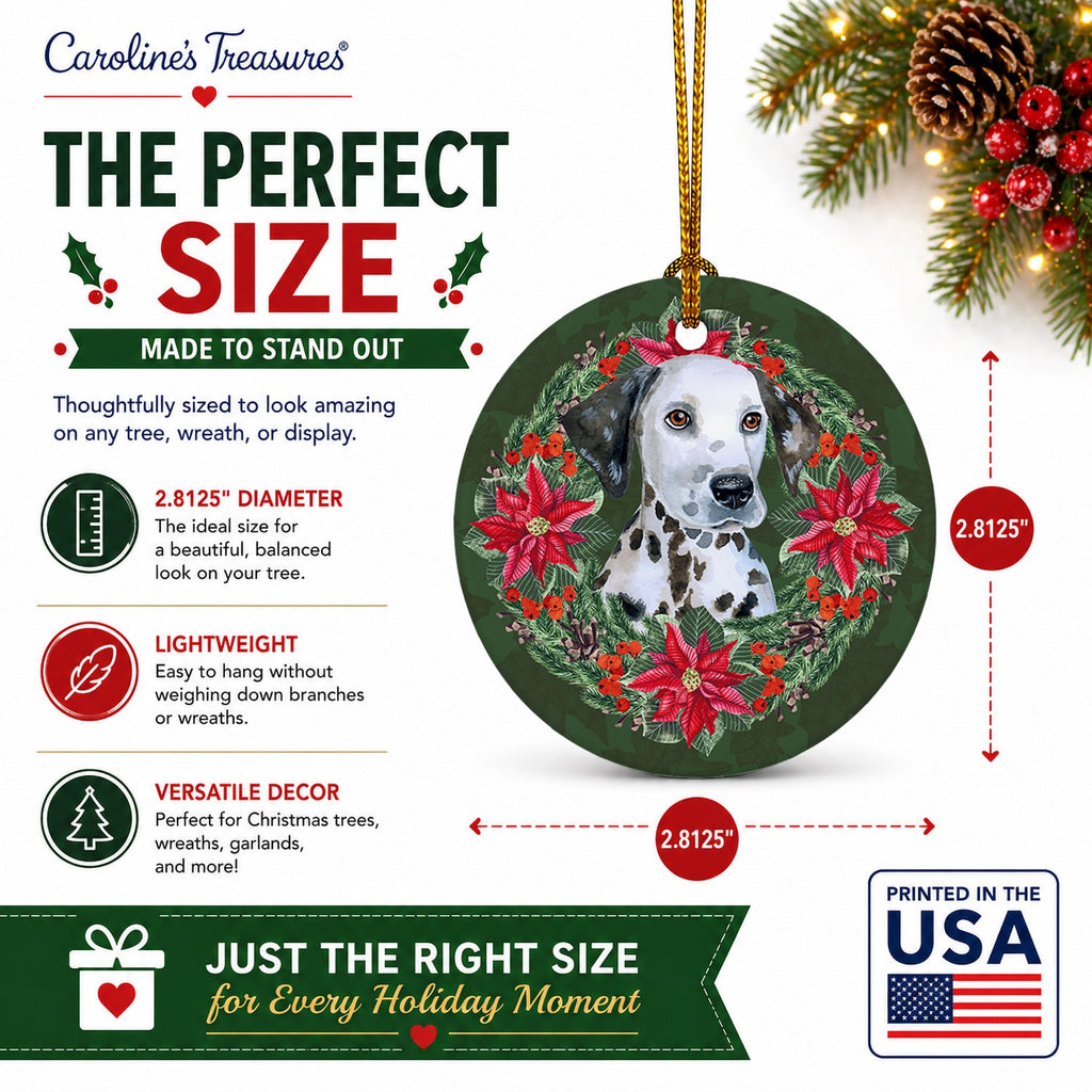 Dalmatian Puppy Poinsetta Wreath Ceramic Ornament Christmas Tree Hanging Decorations for Home Christmas Holiday, Party, Gift, 3 in, Multicolor