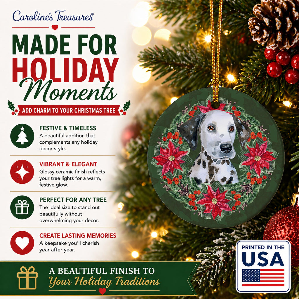 Dalmatian Puppy Poinsetta Wreath Ceramic Ornament Christmas Tree Hanging Decorations for Home Christmas Holiday, Party, Gift, 3 in, Multicolor