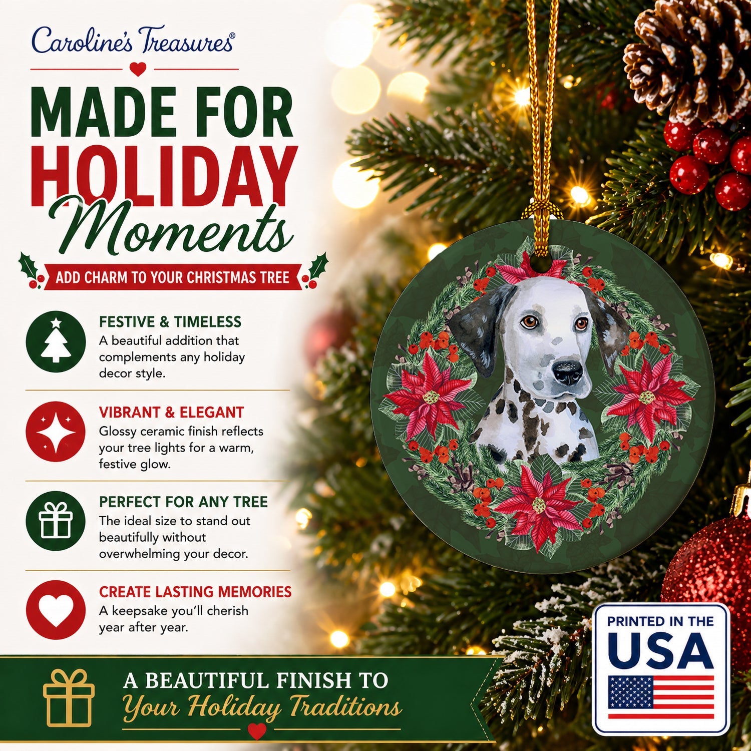 Dalmatian Puppy Poinsetta Wreath Ceramic Ornament Christmas Tree Hanging Decorations for Home Christmas Holiday, Party, Gift, 3 in, Multicolor