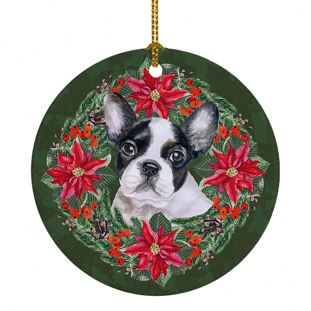 French Bulldog Black White Poinsetta Wreath Ceramic Ornament Christmas Tree Hanging Decorations for Home Christmas Holiday, Party, Gift, 3 in, Multicolor
