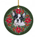 French Bulldog Black White Poinsetta Wreath Ceramic Ornament Christmas Tree Hanging Decorations for Home Christmas Holiday, Party, Gift, 3 in, Multicolor