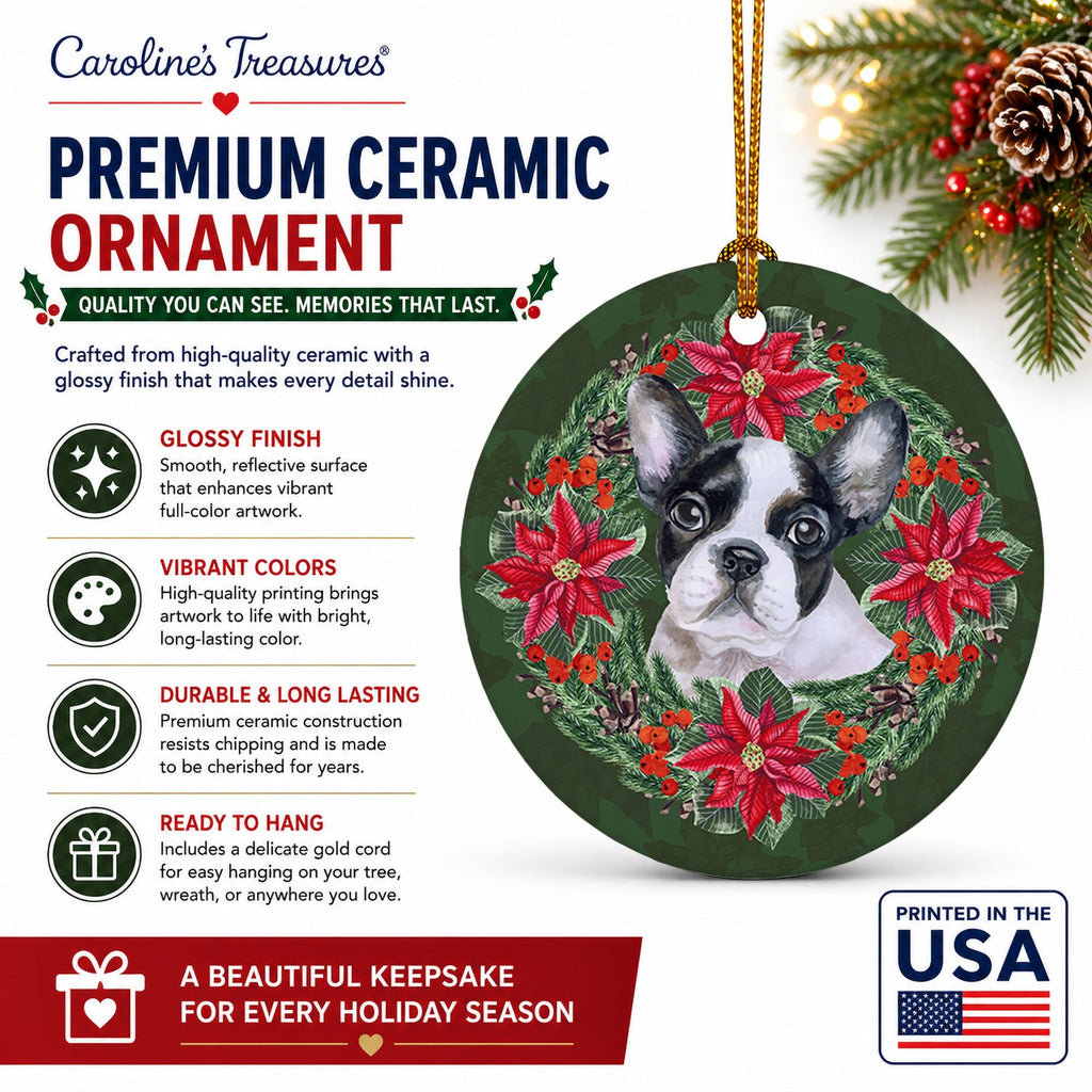 French Bulldog Black White Poinsetta Wreath Ceramic Ornament Christmas Tree Hanging Decorations for Home Christmas Holiday, Party, Gift, 3 in, Multicolor
