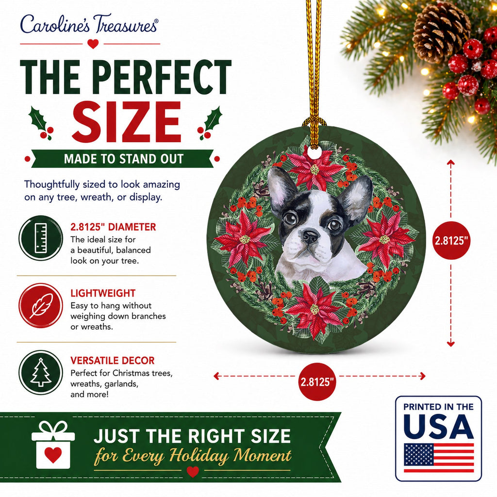 French Bulldog Black White Poinsetta Wreath Ceramic Ornament Christmas Tree Hanging Decorations for Home Christmas Holiday, Party, Gift, 3 in, Multicolor