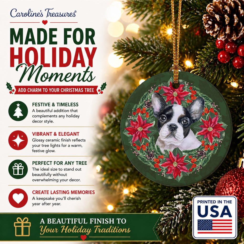French Bulldog Black White Poinsetta Wreath Ceramic Ornament Christmas Tree Hanging Decorations for Home Christmas Holiday, Party, Gift, 3 in, Multicolor
