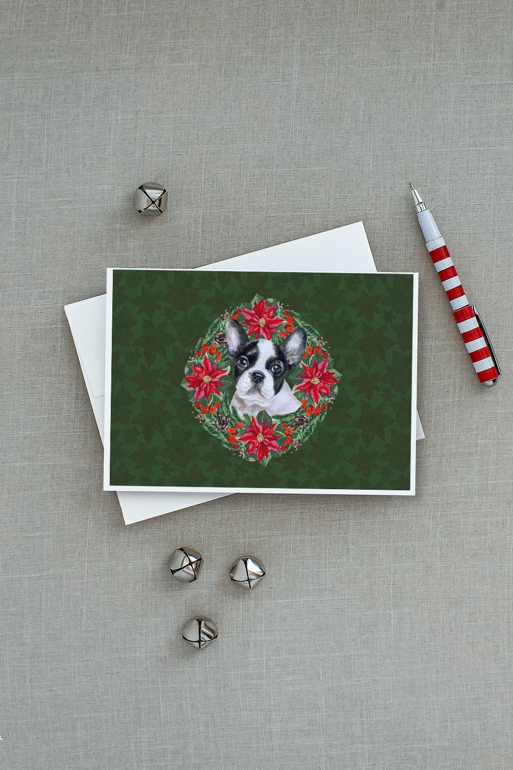French Bulldog Black White Poinsetta Wreath Greeting Cards Pack of 8 Blank Cards with Envelopes Whimsical A7 Size 5x7