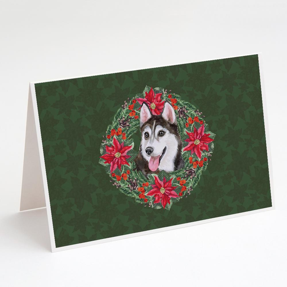 Siberian Husky #2 Poinsetta Wreath Greeting Cards Pack of 8 Blank Cards with Envelopes Whimsical A7 Size 5x7