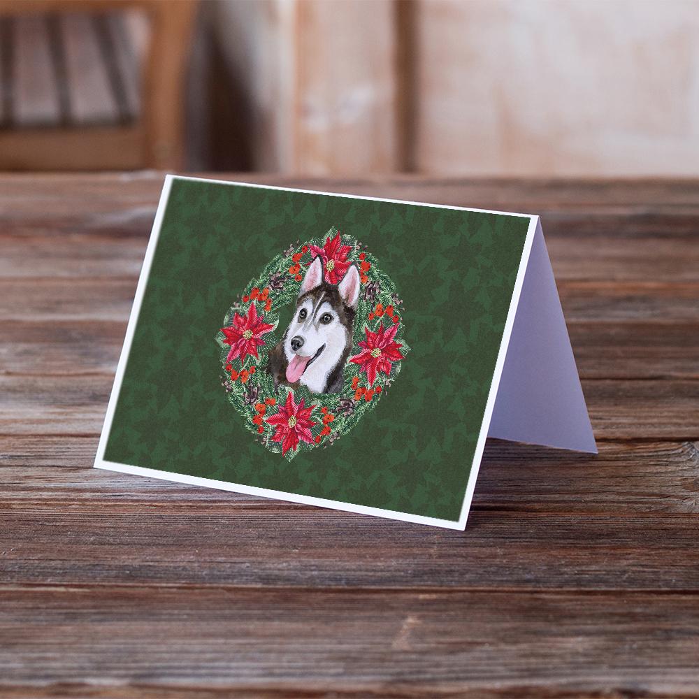 Siberian Husky #2 Poinsetta Wreath Greeting Cards Pack of 8 Blank Cards with Envelopes Whimsical A7 Size 5x7