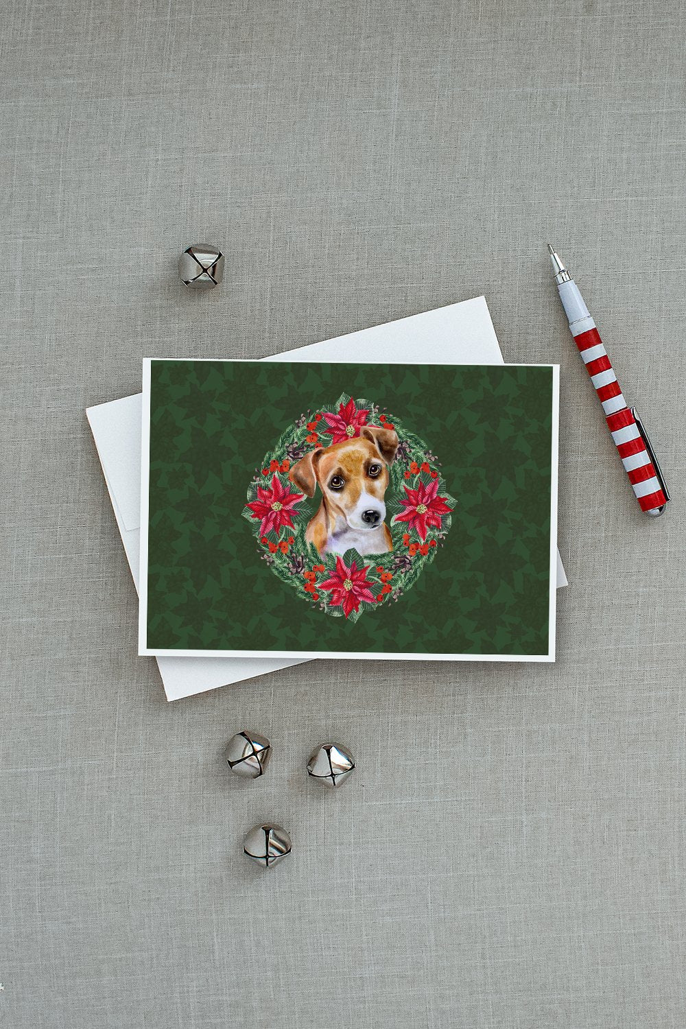 Jack Russell Terrier #2 Poinsetta Wreath Greeting Cards Pack of 8 Blank Cards with Envelopes Whimsical A7 Size 5x7