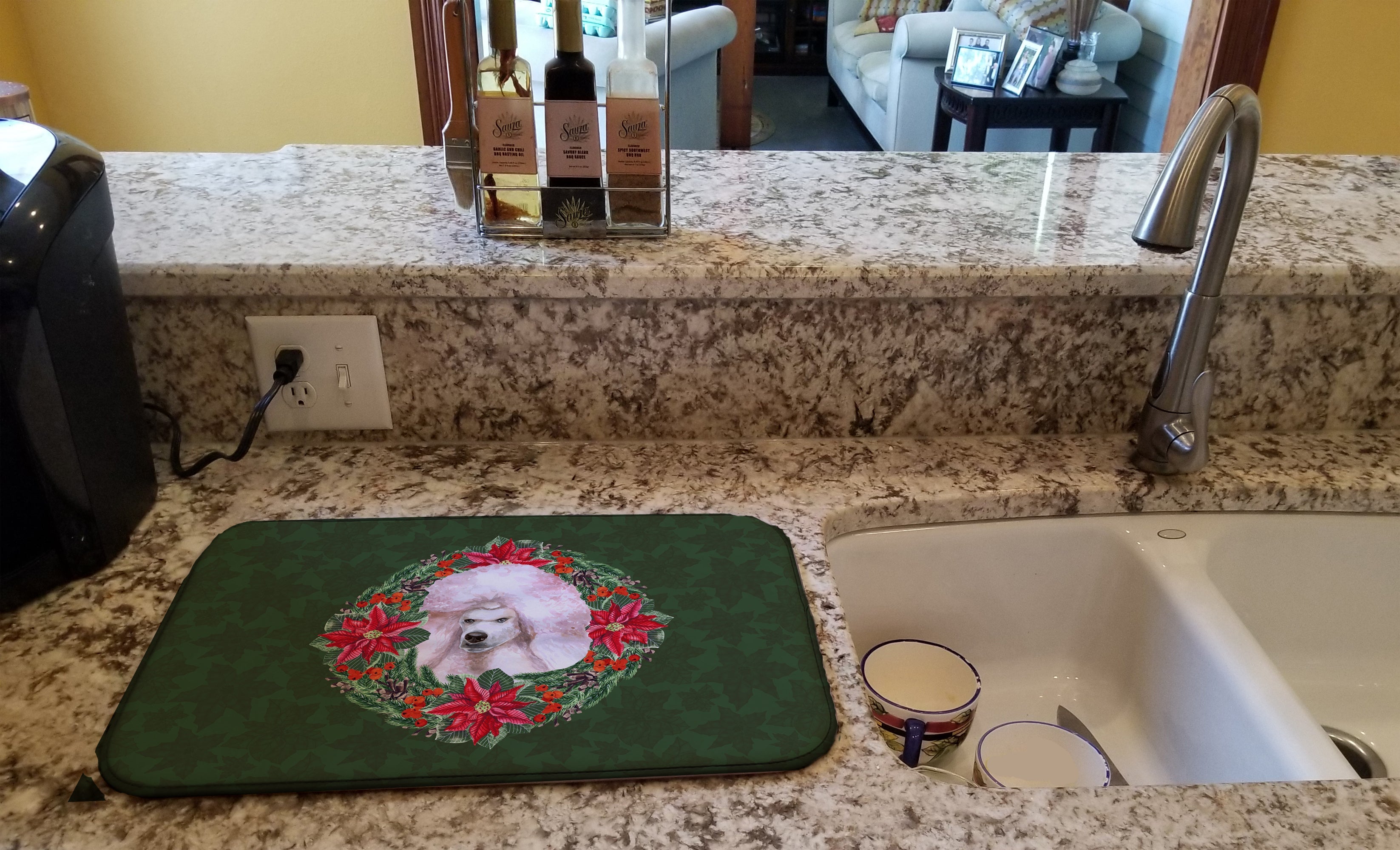 White Standard Poodle Poinsetta Wreath Dish Drying Mat Absorbent Dish Drying Mat Pad for Kitchen Counter Dish Drainer Mat for Countertop, 14 x 21", Multicolor