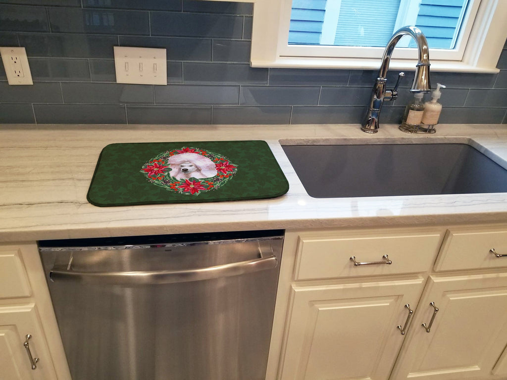 White Standard Poodle Poinsetta Wreath Dish Drying Mat Absorbent Dish Drying Mat Pad for Kitchen Counter Dish Drainer Mat for Countertop, 14 x 21", Multicolor