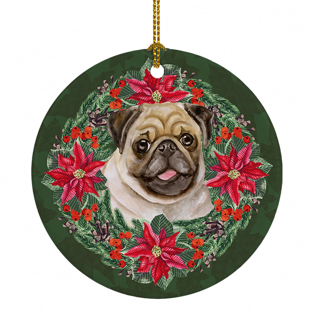 Fawn Pug Poinsetta Wreath Ceramic Ornament Christmas Tree Hanging Decorations for Home Christmas Holiday, Party, Gift, 3 in, Multicolor