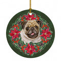 Fawn Pug Poinsetta Wreath Ceramic Ornament Christmas Tree Hanging Decorations for Home Christmas Holiday, Party, Gift, 3 in, Multicolor