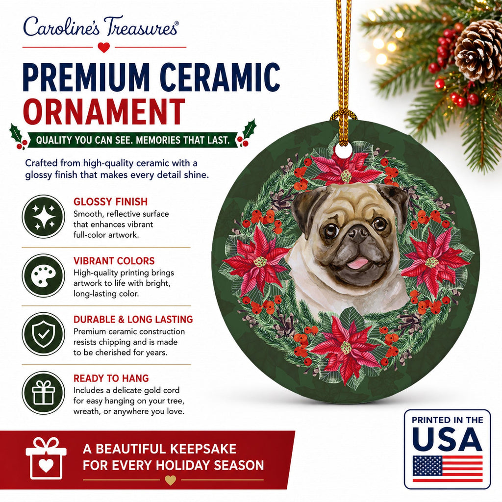 Fawn Pug Poinsetta Wreath Ceramic Ornament Christmas Tree Hanging Decorations for Home Christmas Holiday, Party, Gift, 3 in, Multicolor