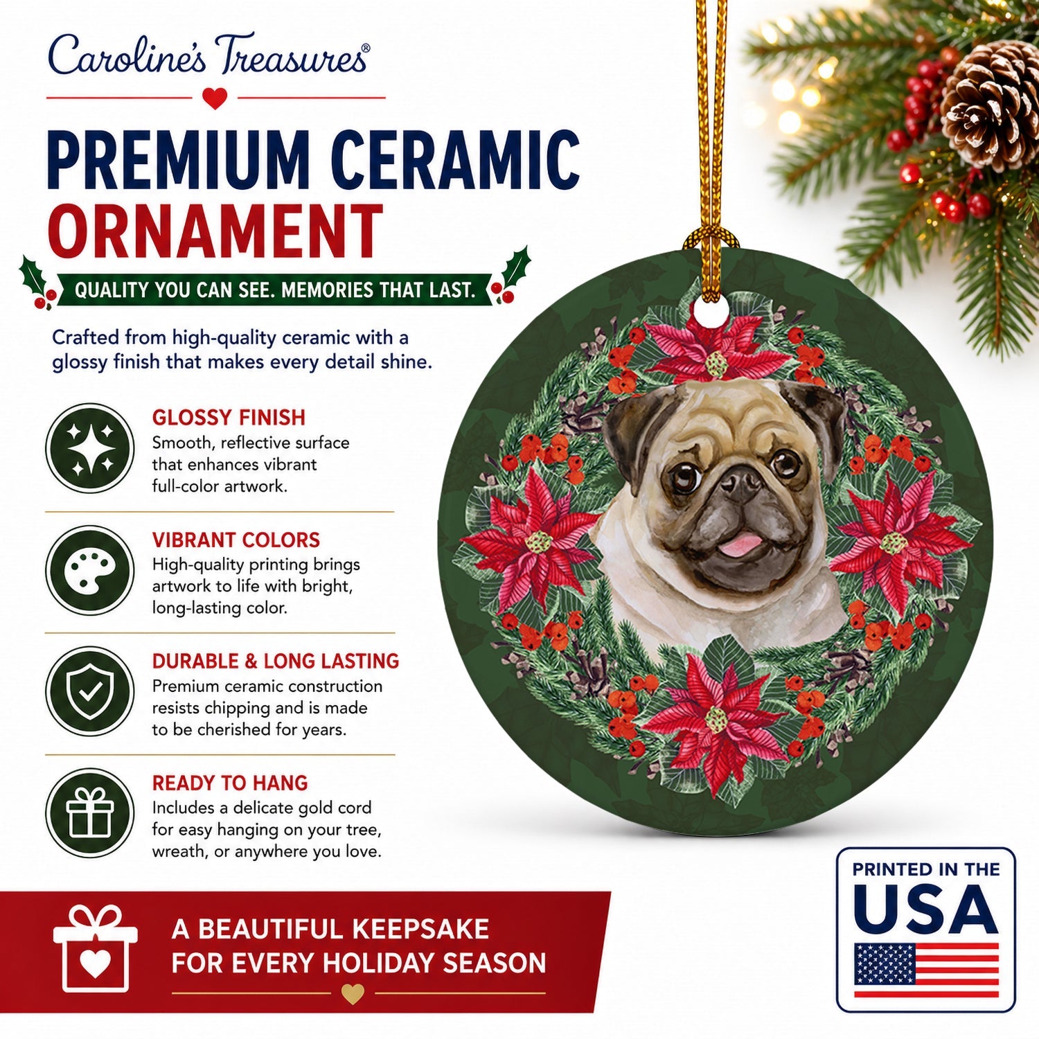 Fawn Pug Poinsetta Wreath Ceramic Ornament Christmas Tree Hanging Decorations for Home Christmas Holiday, Party, Gift, 3 in, Multicolor